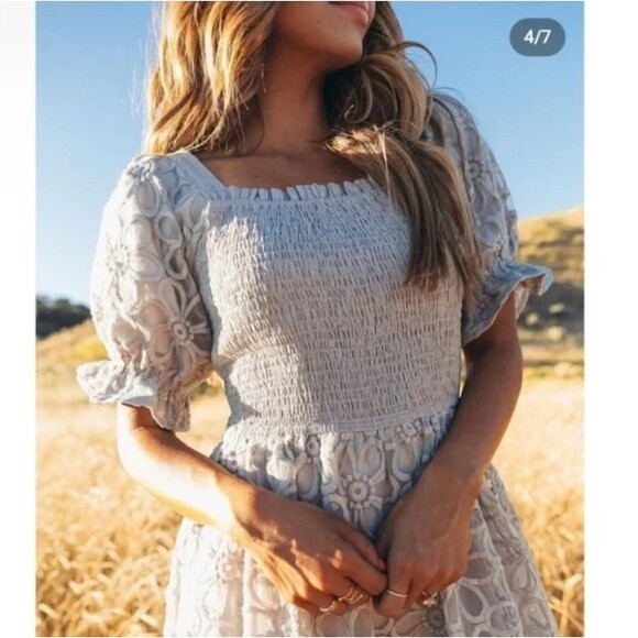 Ivy City Dress Women L Gray Floral Smocked Midi Puff Sleeve Mommy Cottage Boho - Picture 2 of 13